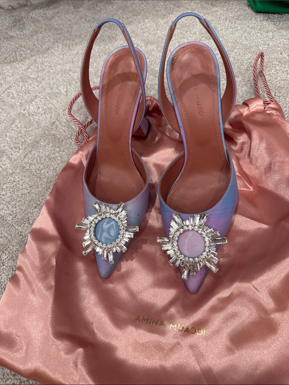 Amina Muaddi Iridescent Lavender and Pink Crystal-Embellished Slingback Pumps